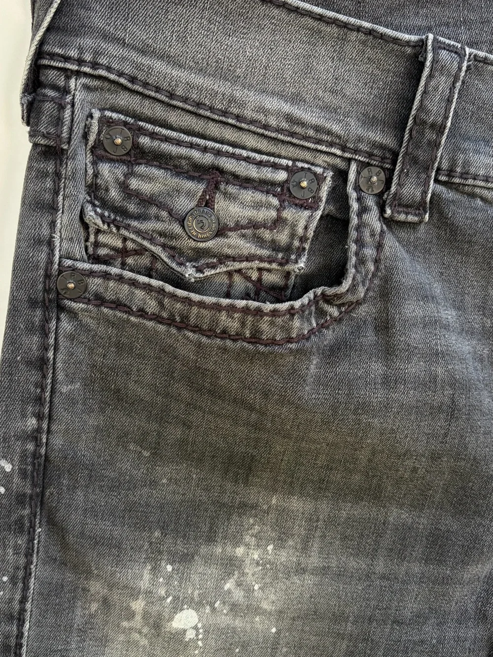 True Religion Straight Grey Acid Wash Paint Splatter Jeans